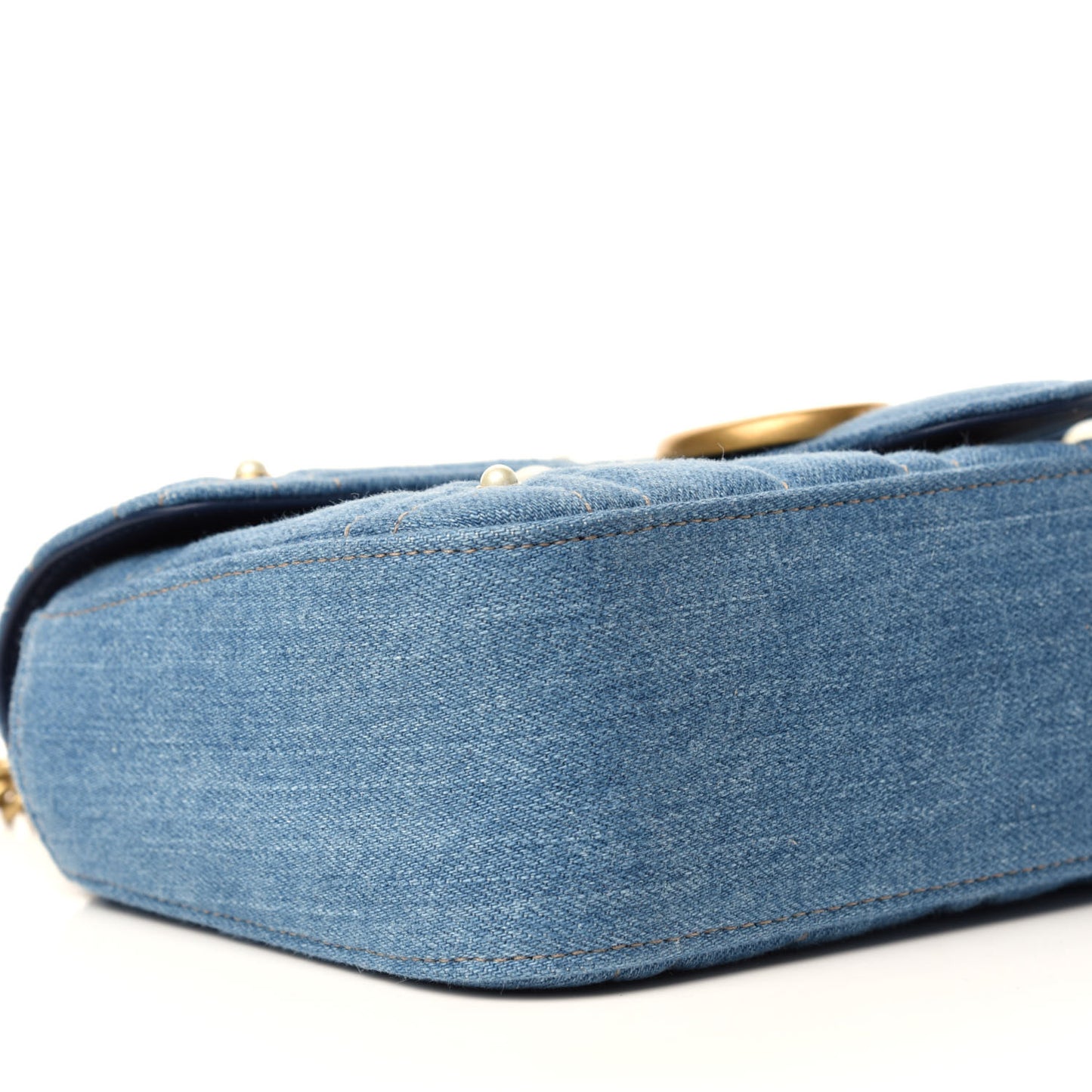 Denim Matelasse Pearl Studded Small GG Marmont Shoulder Bag Blue