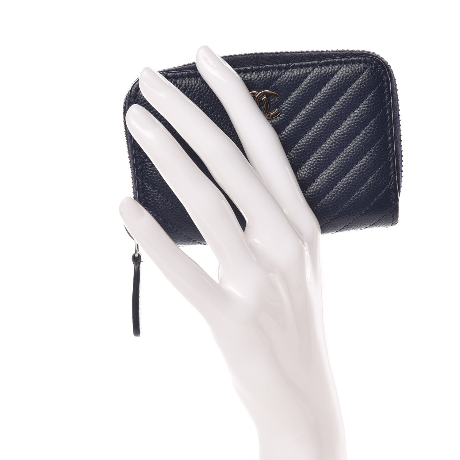 Chanel Caviar Chevron Quilted Zip Around Coin Purse Navy Blue 2 of 8