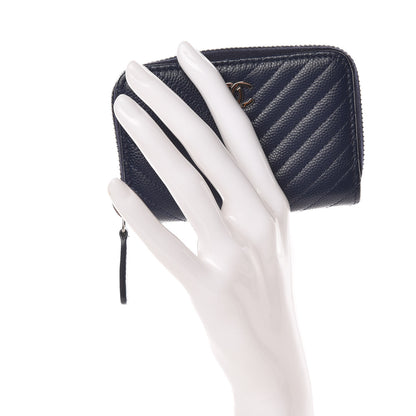 Chanel Caviar Chevron Quilted Zip Around Coin Purse Navy Blue 2 of 8