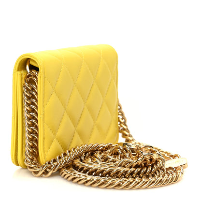 Chanel Lambskin Quilted Enamel Logo Flap Card Holder On Chain Yellow 3 of 15