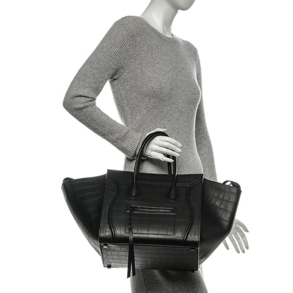 Celine Crocodile Embossed Calfskin Medium Phantom Luggage Black 2 of 7