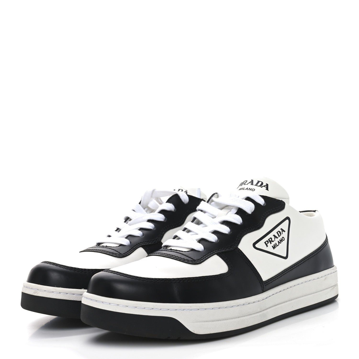 Prada Spazzolato Rois Vitello Soft Triangle Logo Womens Low Top Sneakers 38 White Black 4 of 8