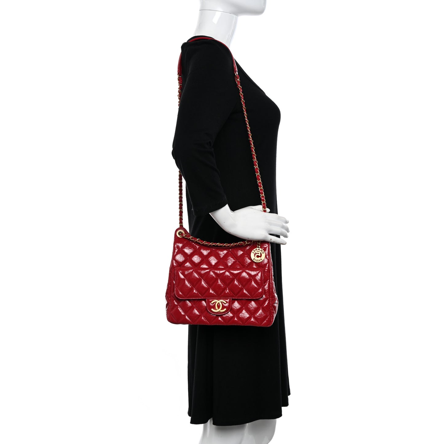Shiny Crumpled Calfskin Quilted Wavy CC Hobo Red