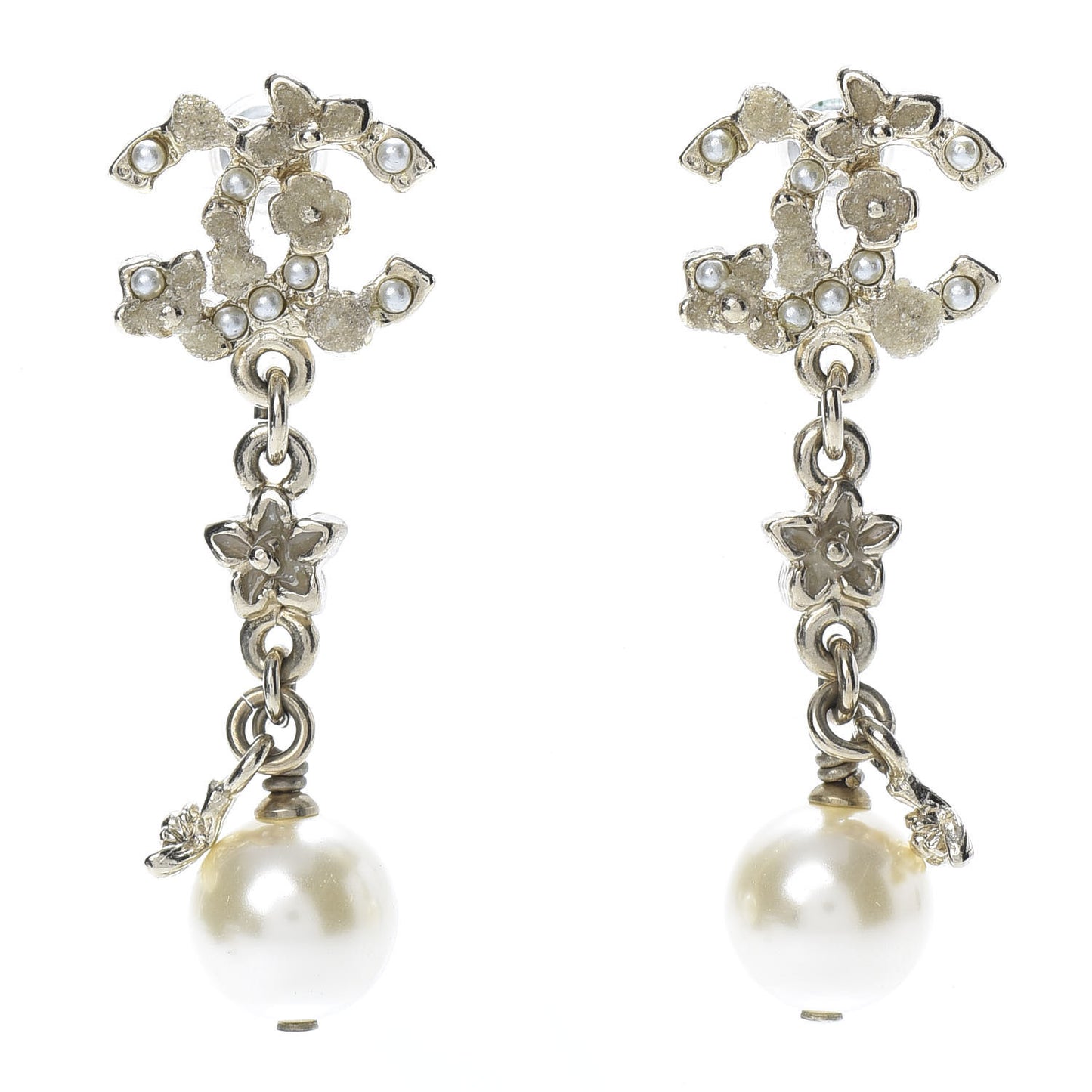 Pearl Crystal CC Flower Drop Earrings Gold White Nacre