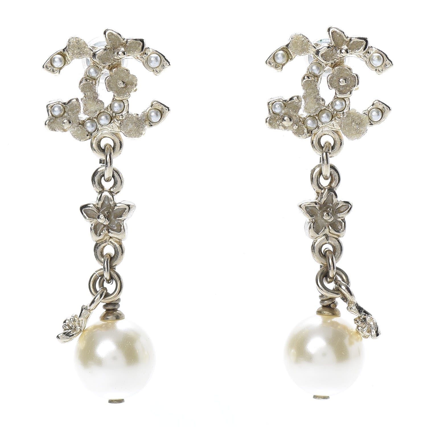 Chanel Pearl Crystal CC Flower Drop Earrings Gold White Nacre 1 of 5