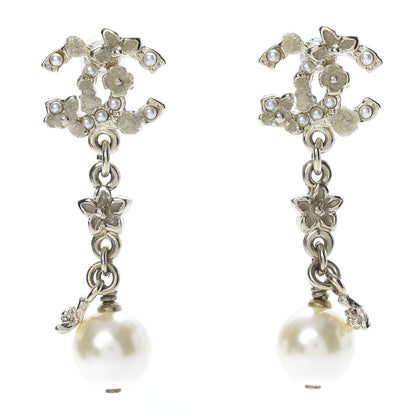 Chanel Pearl Crystal CC Flower Drop Earrings Gold White Nacre 1 of 5