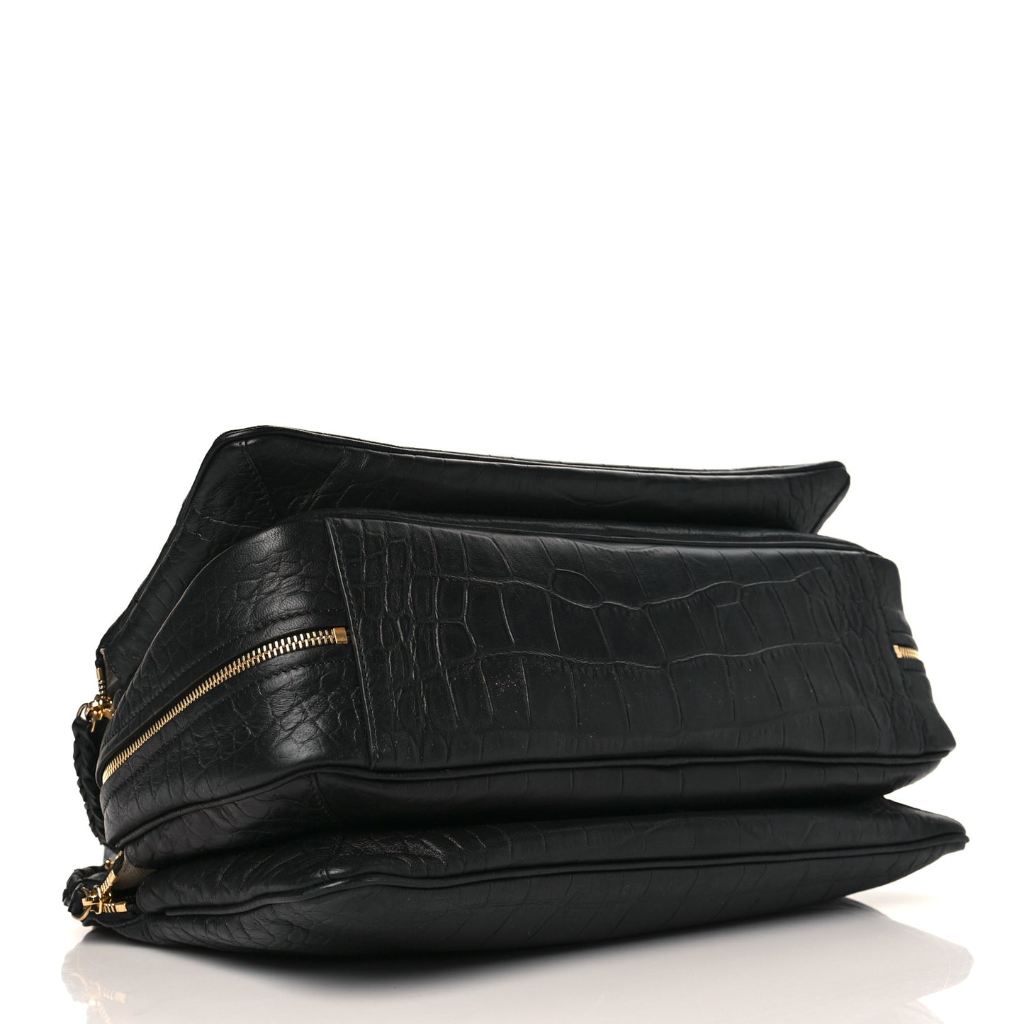 Crocodile Embossed Calfskin Small Triptyque Satchel Black