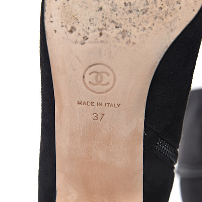 Chanel Suede Grosgrain Pearl CC Cap Toe High Boots 37 Black 8 of 17