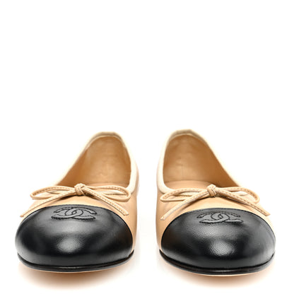 Chanel Lambskin Cap Toe CC Ballerina Flats 39 Beige Black 3 of 8