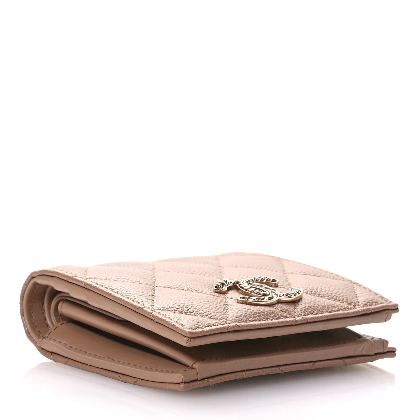 Caviar Quilted Multi Chain CC Compact Bi-Fold Flap Wallet Beige