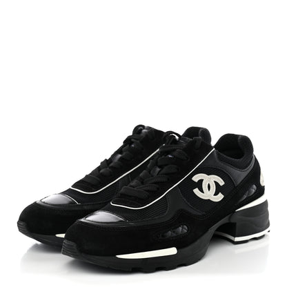 Chanel Mixed Fibers Suede Shiny Calfskin Womens CC Sneakers 38 Black 3 of 10