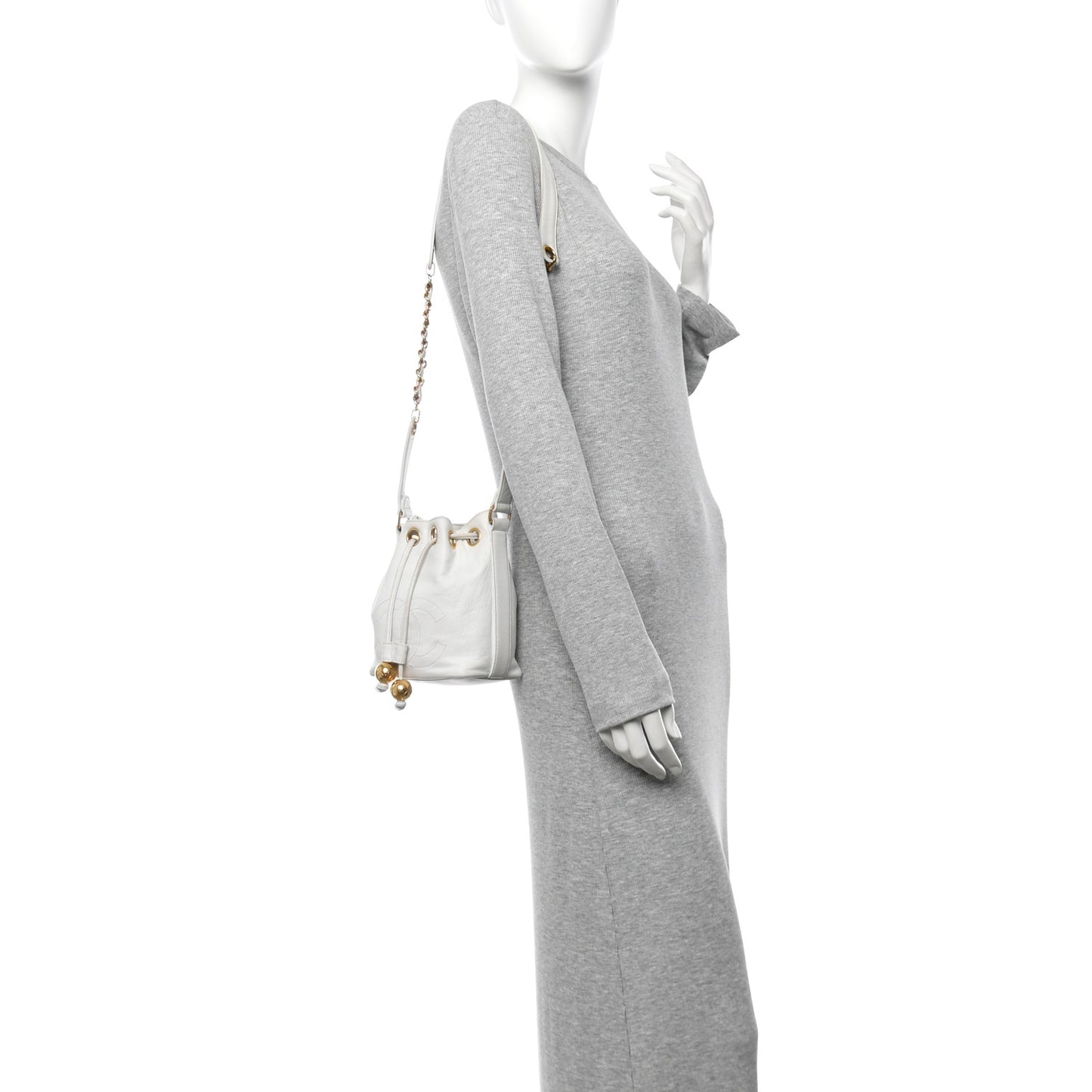 Lambskin CC Drawstring Bucket Bag White