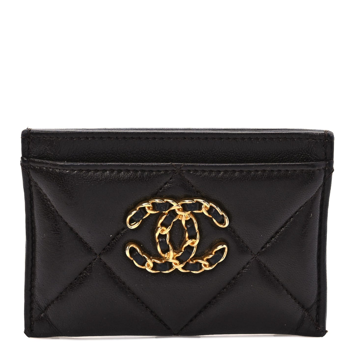 Lambskin Quilted Chanel 19 Card Holder Dark Brown