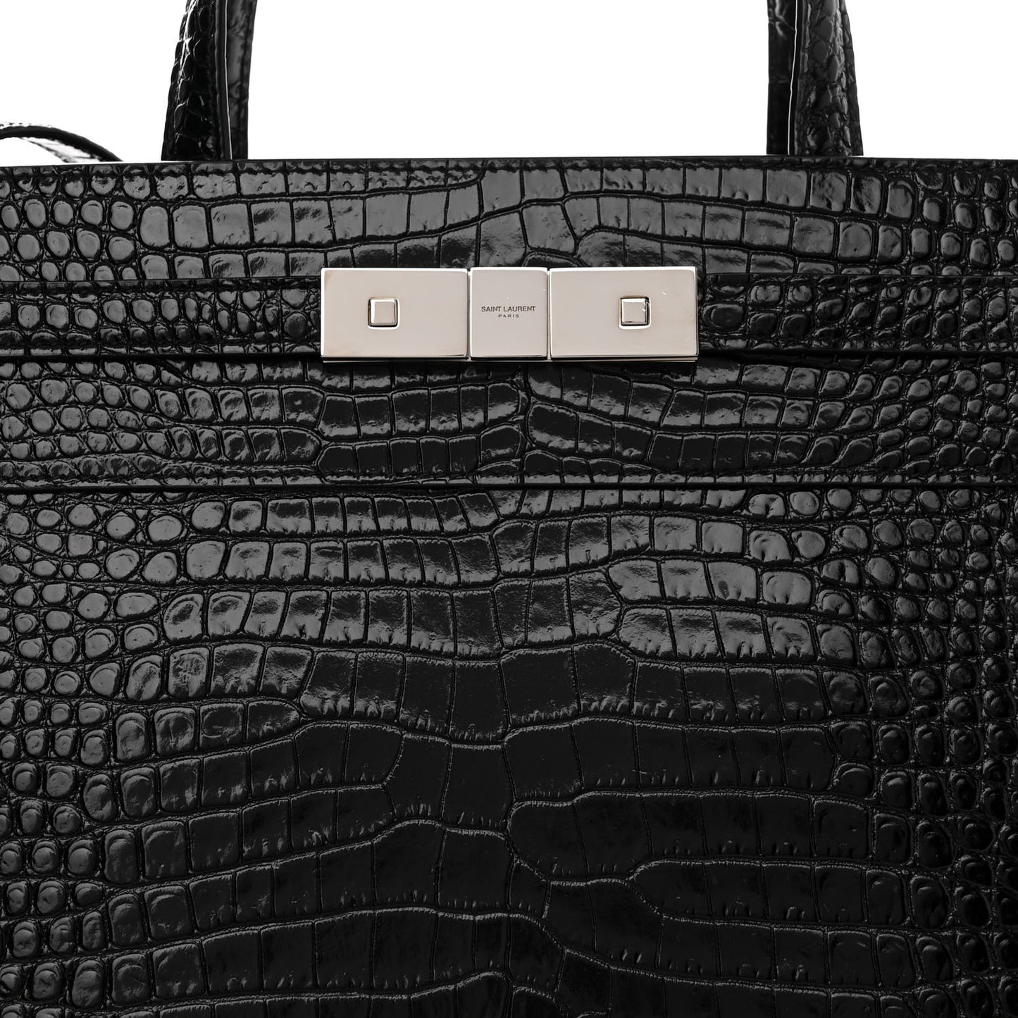 Shiny Calfskin Crocodile Embossed Small Manhattan Shopper Tote Black