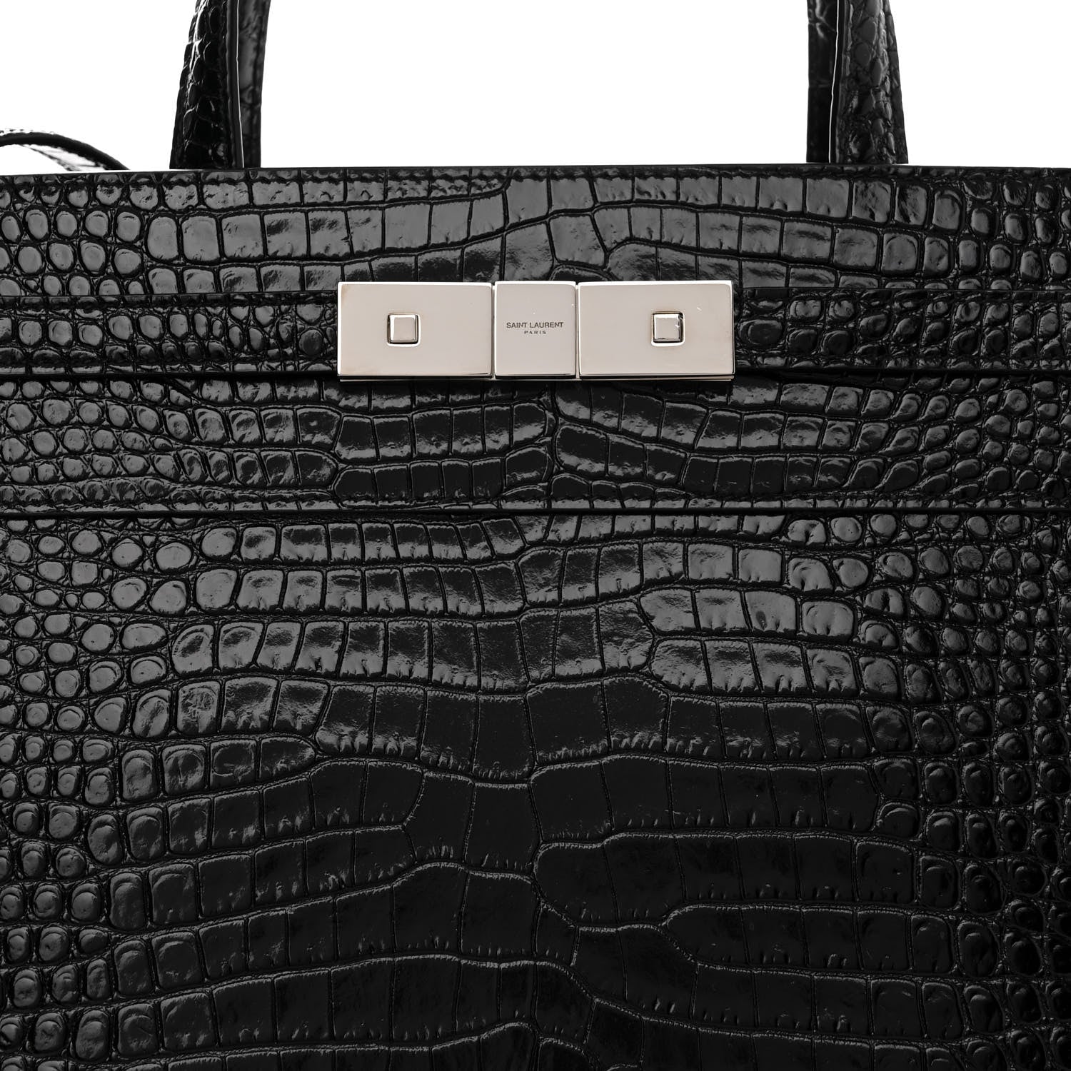 Saint Laurent Shiny Calfskin Crocodile Embossed Small Manhattan Shopper Tote Black 8 of 10