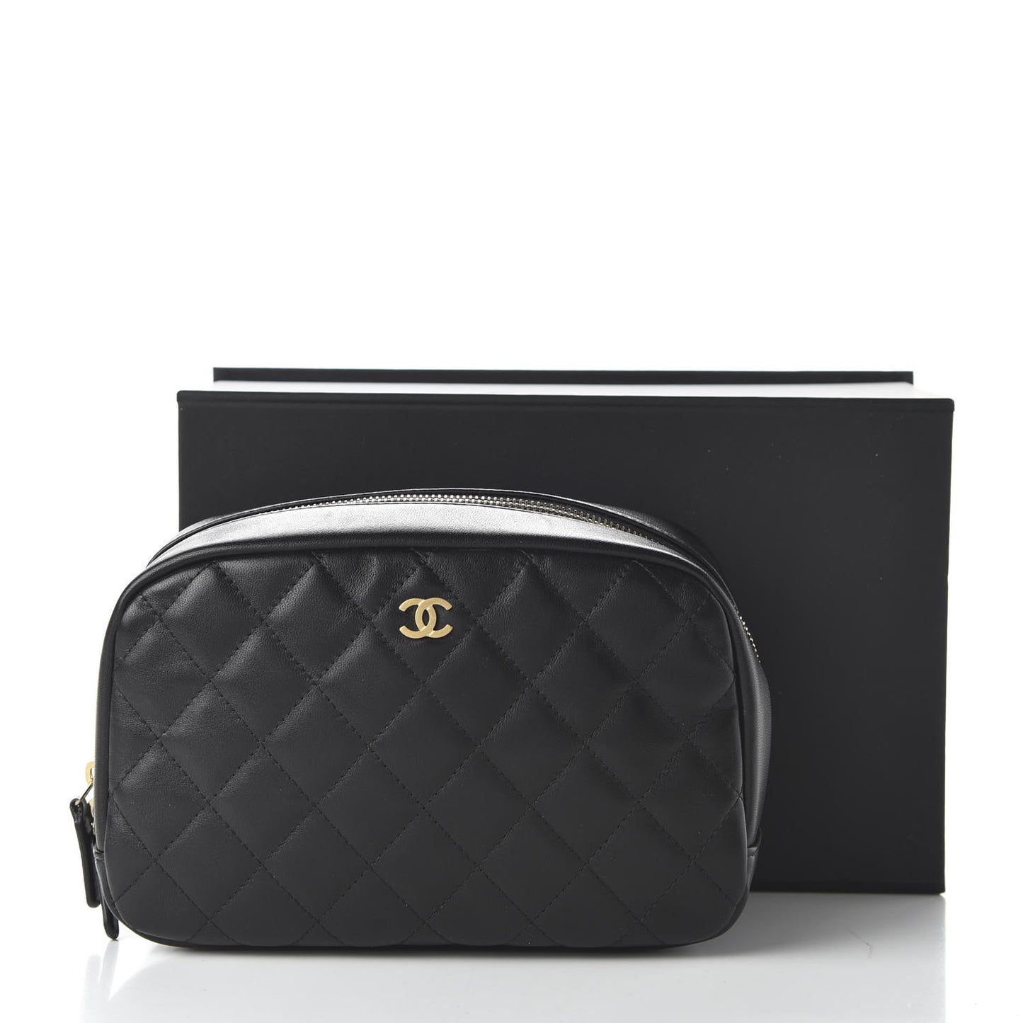 Lambskin Quilted Medium Curvy Pouch Cosmetic Case Black