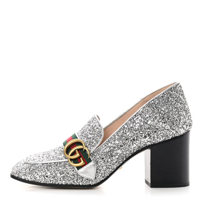 Gucci Glitter Nappa Web Peyton 75mm Loafer Pumps 38.5 Argento 1 of 9