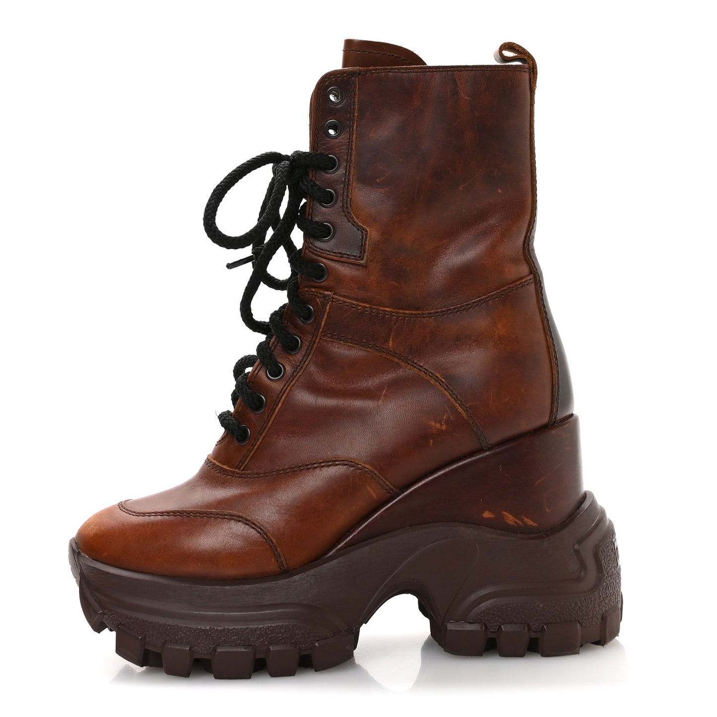 Distressed Calfskin Platform Wedge Lace Up Combat Boots 38 Brown