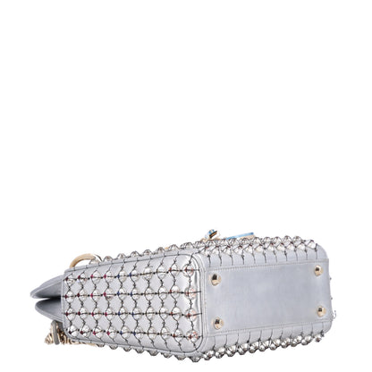Christian Dior Metallic Calfskin Satin Celestial Bead Embroidery Cannage Mini Lady Dior Silver 3 of 9