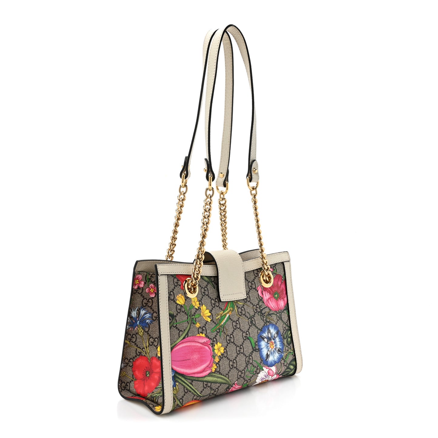 GG Supreme Monogram Flora Textured Calfskin Small Padlock Tote Beige Ebony Multicolor Mystic White
