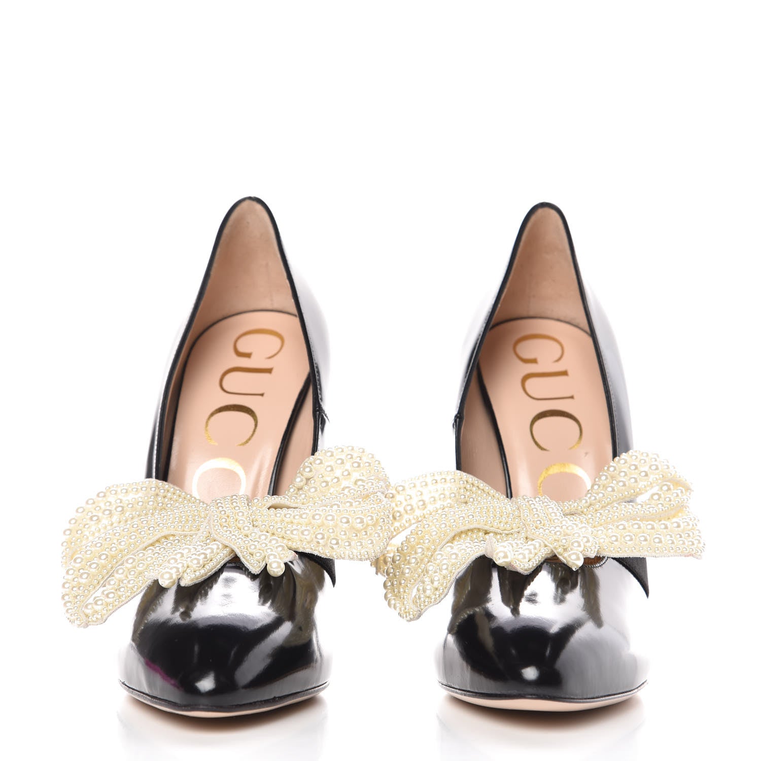 Gucci Polished Calfskin Removable Pearly Bow Elaisa Platform High Heel Pumps 36.5 Black 3 of 13