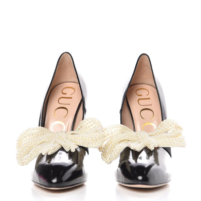 Gucci Polished Calfskin Removable Pearly Bow Elaisa Platform High Heel Pumps 36.5 Black 3 of 13
