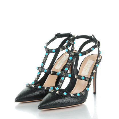 Valentino Garavani Pebbled Calfskin Turquoise Rockstud Rolling Ankle Strap 100mm Pumps 37.5 Black 3 of 7