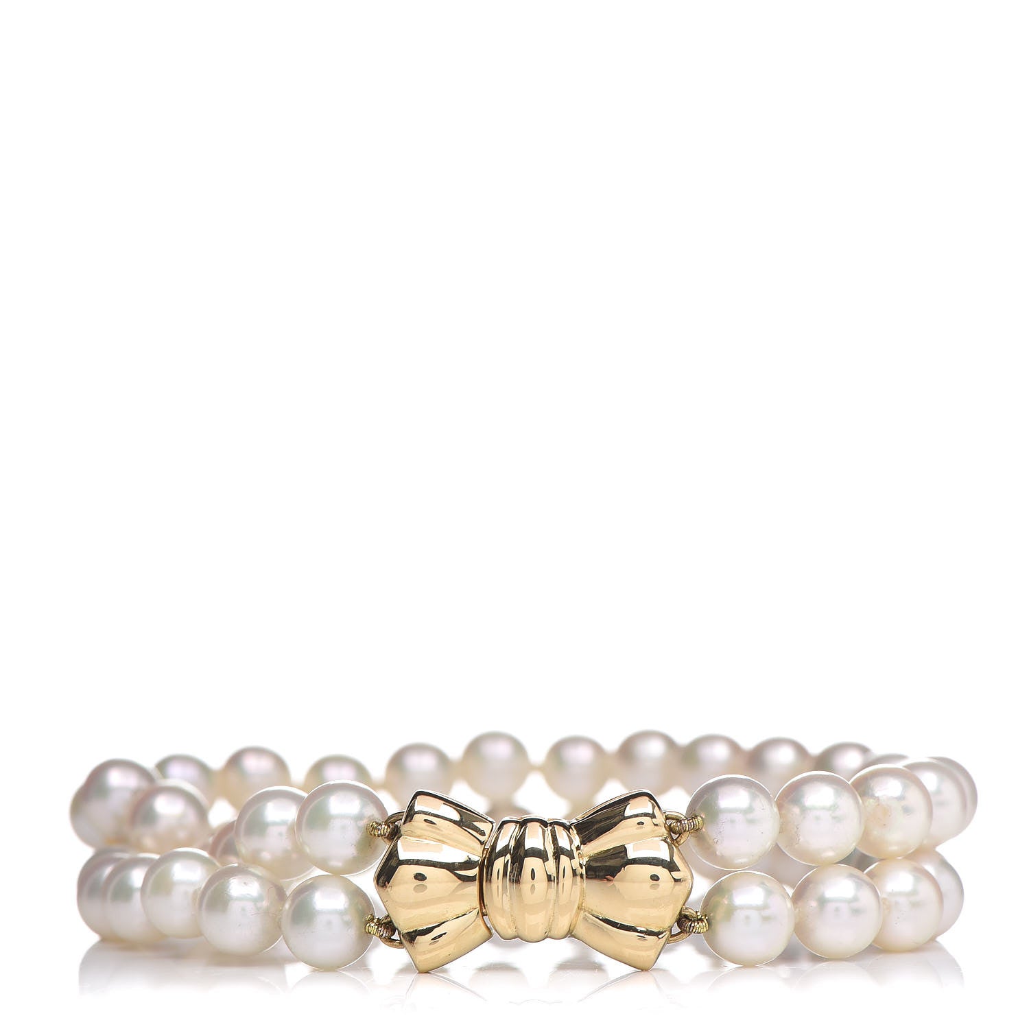 Mikimoto 18K Yellow Gold Akoya Pearl Double Strand Bow Clasp Bracelet 1 of 4