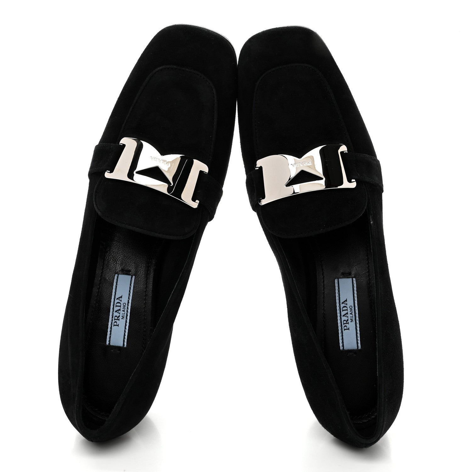 Prada Camoscio Metal Triangle Logo Loafers 37.5 Black 2 of 9