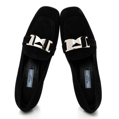 Prada Camoscio Metal Triangle Logo Loafers 37.5 Black 2 of 9