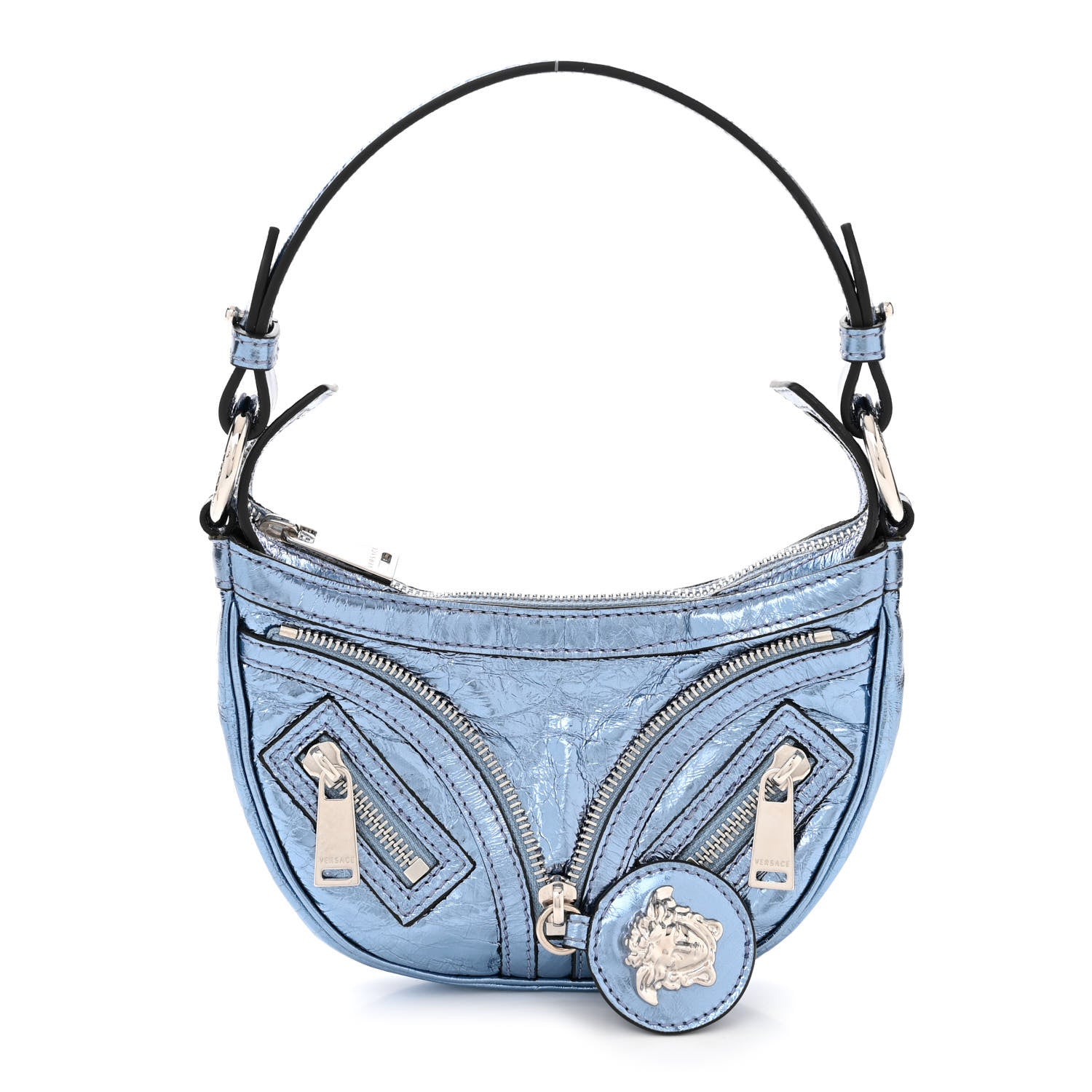 Versace Metallic Calfskin Mini Repeat Zip Hobo Blue 1 of 9