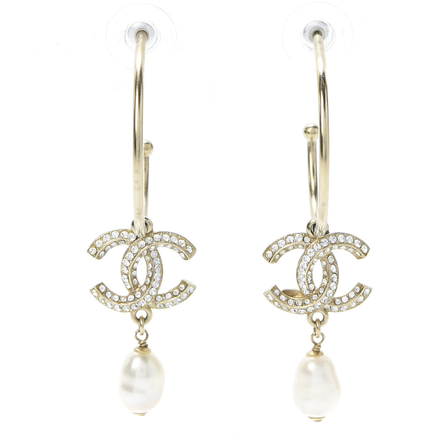 Crystal Pearl CC Drop Hoop Earrings Gold