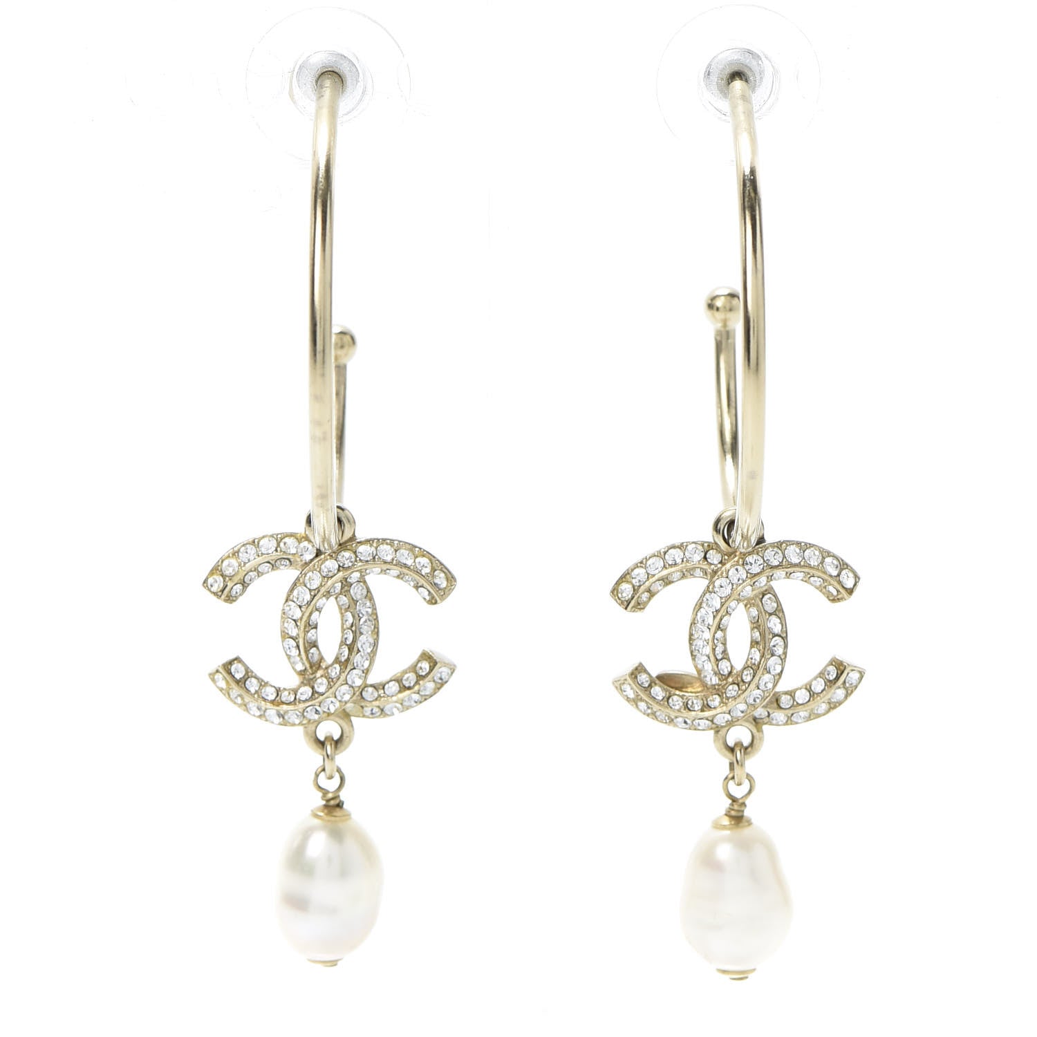 Chanel Crystal Pearl CC Drop Hoop Earrings Gold 1 of 5