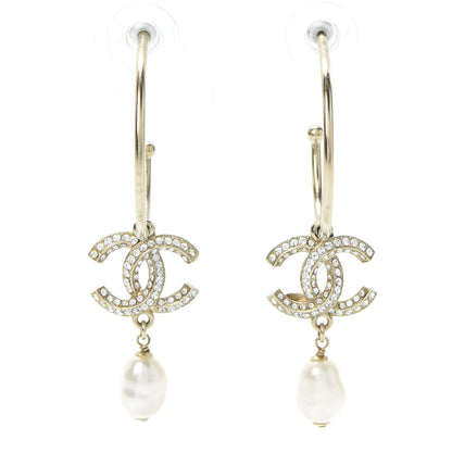 Chanel Crystal Pearl CC Drop Hoop Earrings Gold 1 of 5