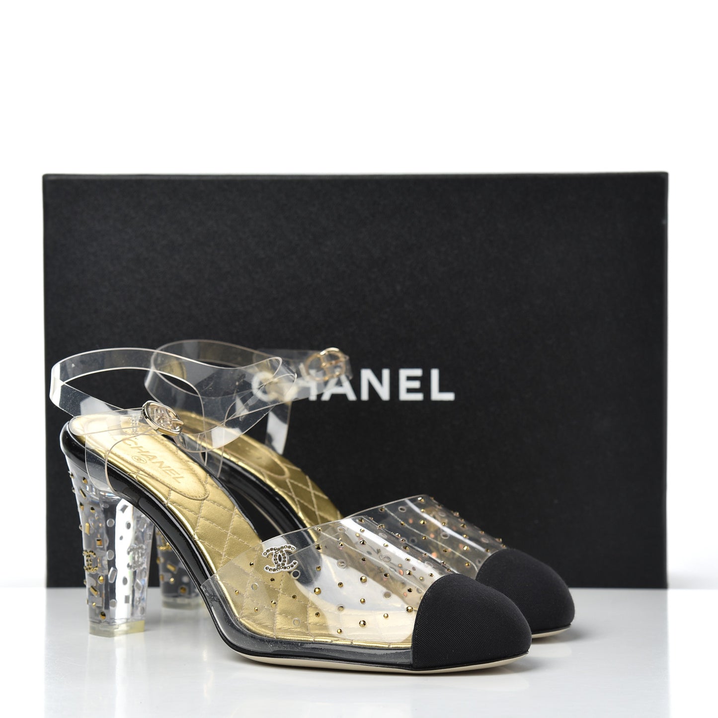 PVC Studded Grosgrain Cap Toe Pumps 38 Transparent Black