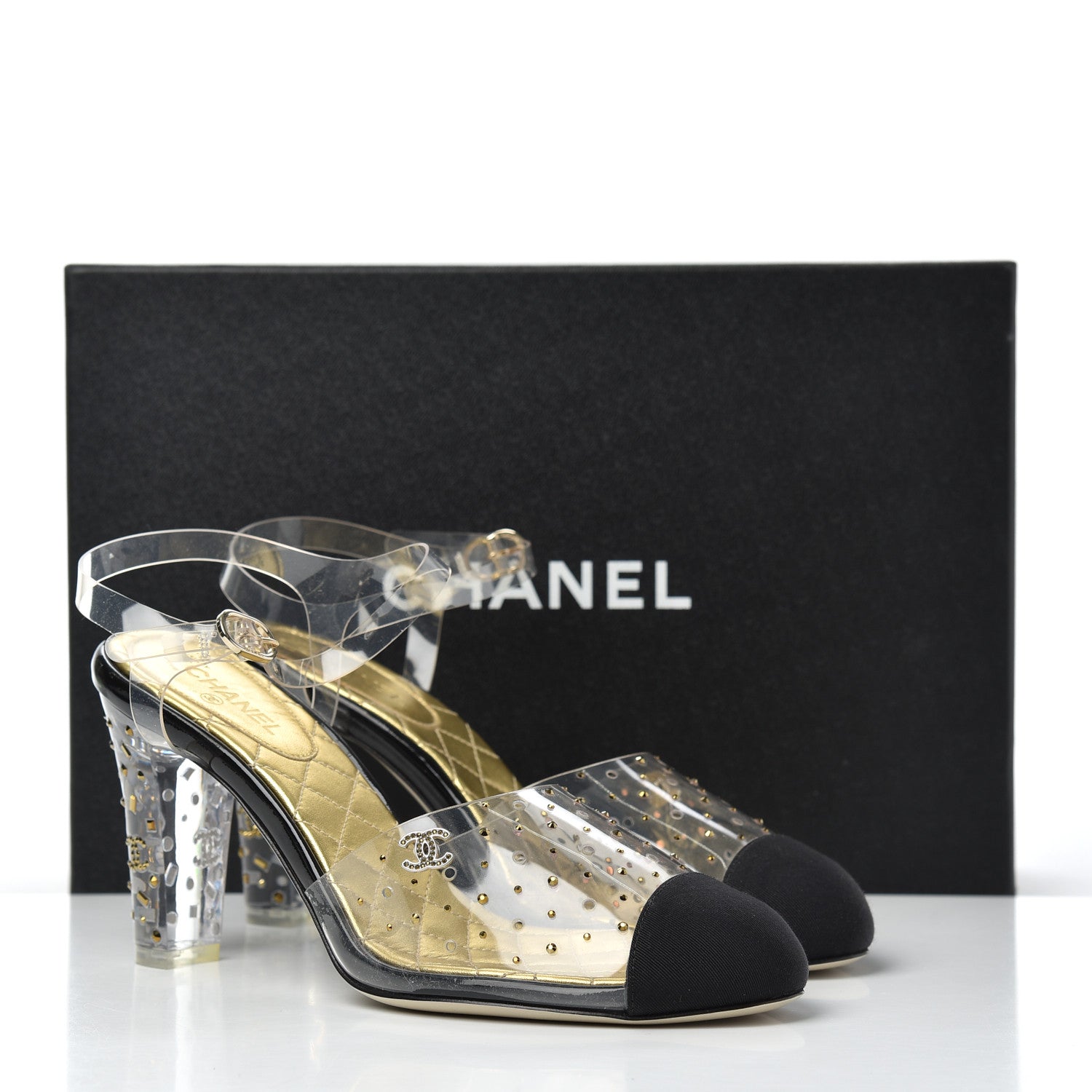Chanel PVC Studded Grosgrain Cap Toe Pumps 38 Transparent Black 14 of 14