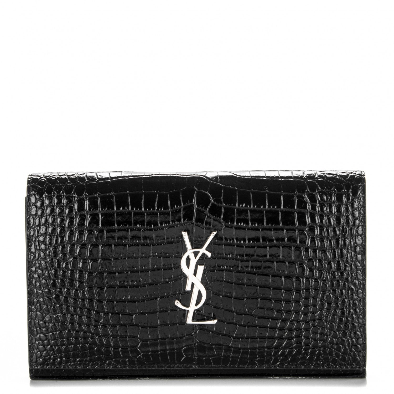 Saint Laurent Calfskin Crocodile Embossed Monogram Chain Wallet Nero Black 1 of 7