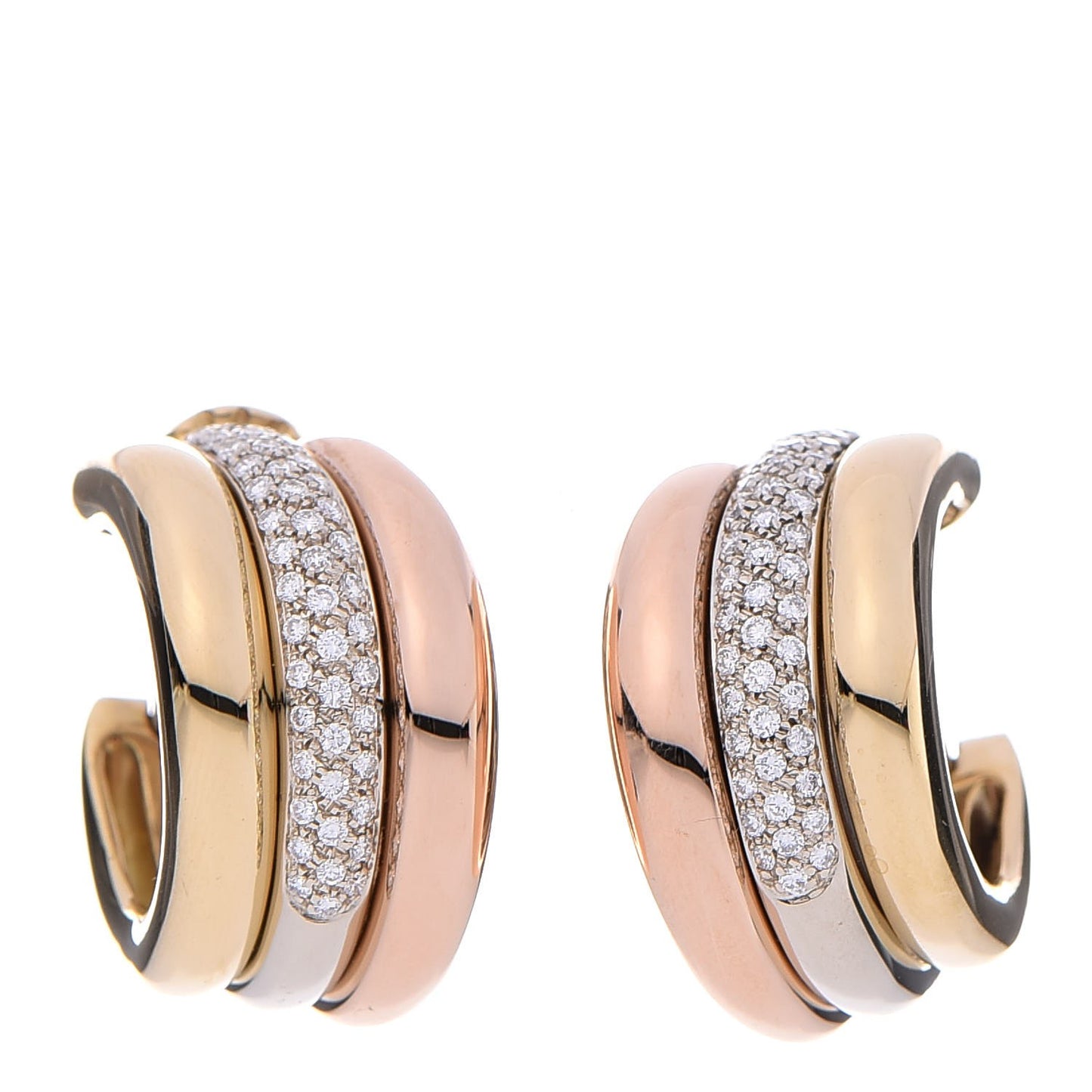 18K Pink Yellow White Gold Diamond Trinity Pave Hoop Earrings