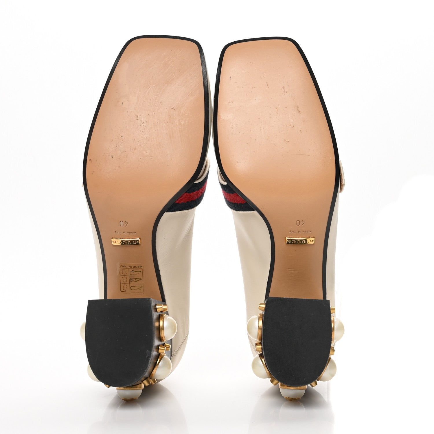 Gucci Betis Glamour Calfskin Web Pearl Embellished Peyton 75mm Loafer Pumps 40 Mystic White 5 of 8