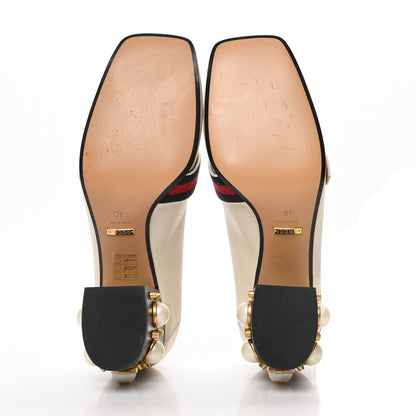 Gucci Betis Glamour Calfskin Web Pearl Embellished Peyton 75mm Loafer Pumps 40 Mystic White 5 of 8