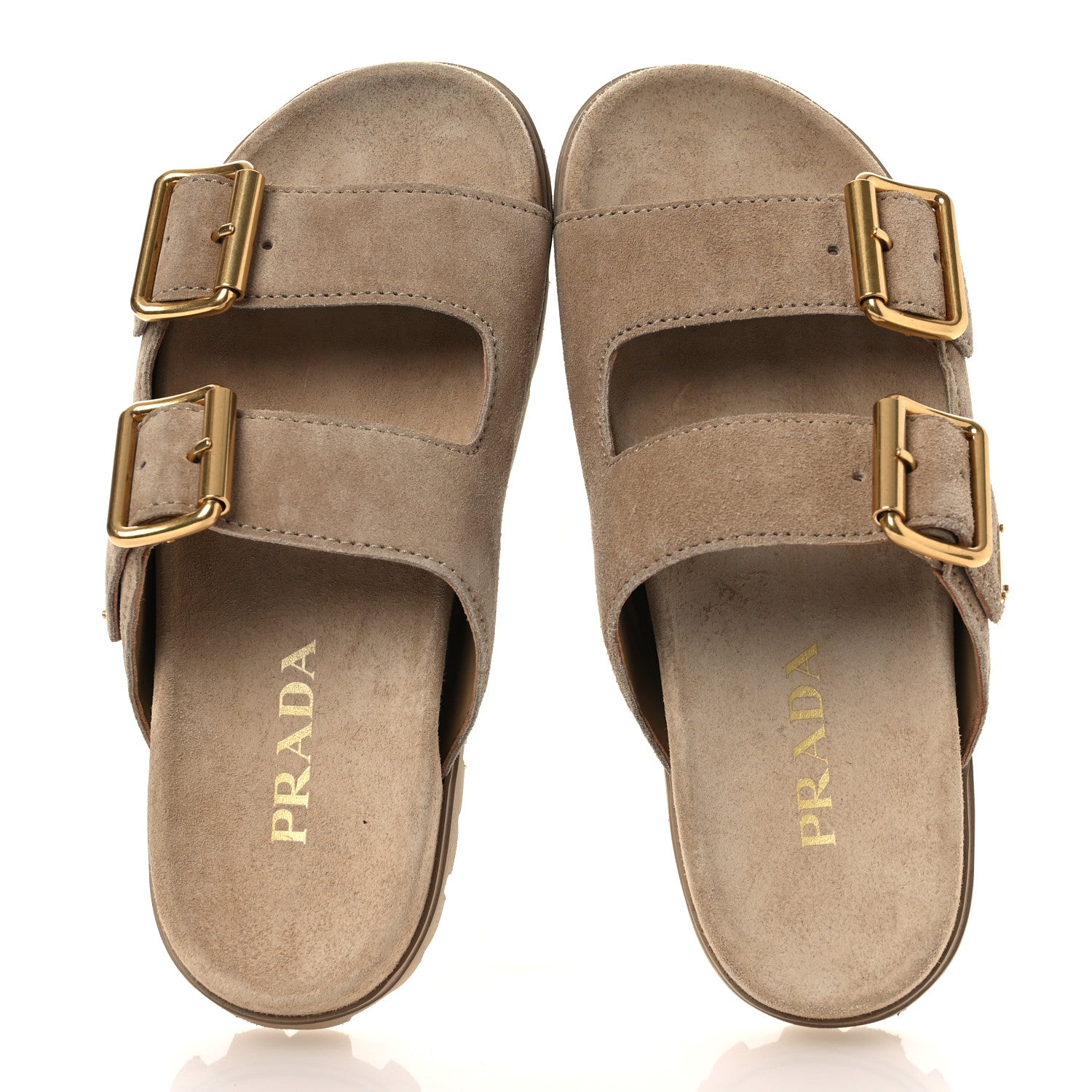 Prada Suede Metal Triangle Logo Womens Double Buckle 20mm Slide Sandals 37 Ecru 2 of 11