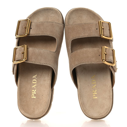 Prada Suede Metal Triangle Logo Womens Double Buckle 20mm Slide Sandals 37 Ecru 2 of 11