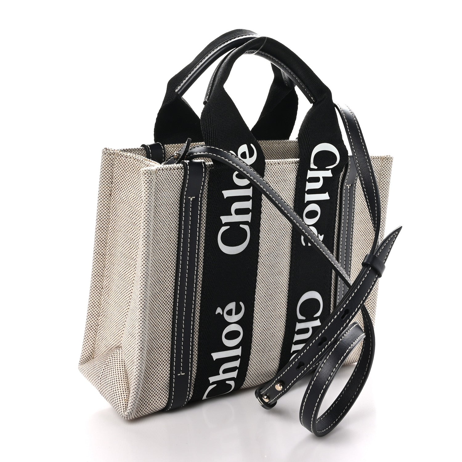 Chloe Cotton Calfskin Small Woody Ribbon Tote With Strap Black Blue 3 of 10