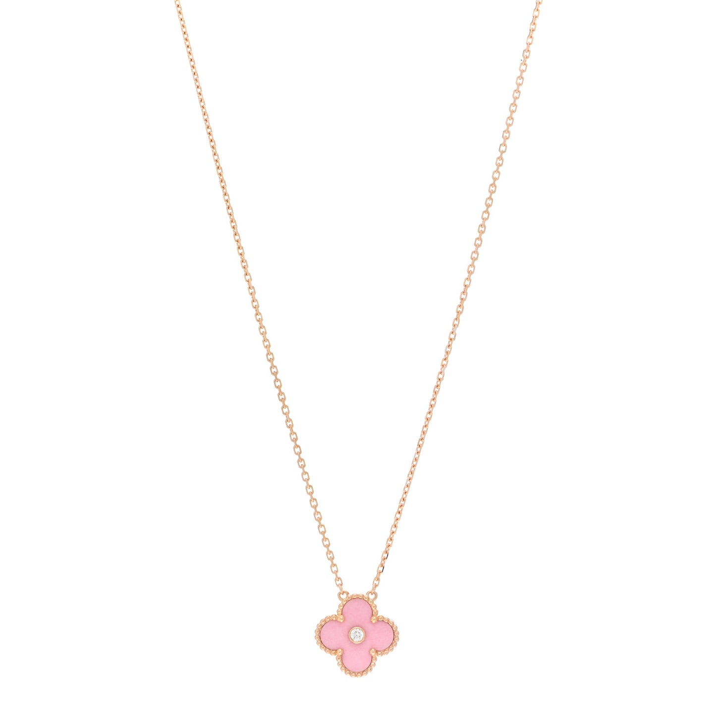 18K Rose Gold Diamond Pink Porcelain Vintage Alhambra Pendant Necklace