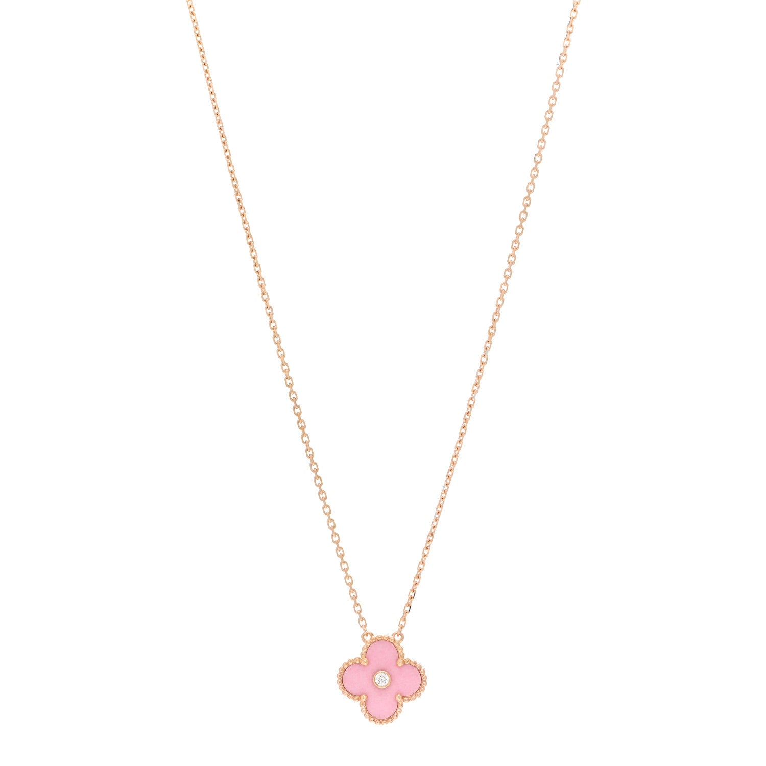 Van Cleef & Arpels 18K Rose Gold Diamond Pink Porcelain Vintage Alhambra Pendant Necklace 1 of 6