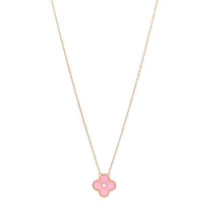 Van Cleef & Arpels 18K Rose Gold Diamond Pink Porcelain Vintage Alhambra Pendant Necklace 1 of 6
