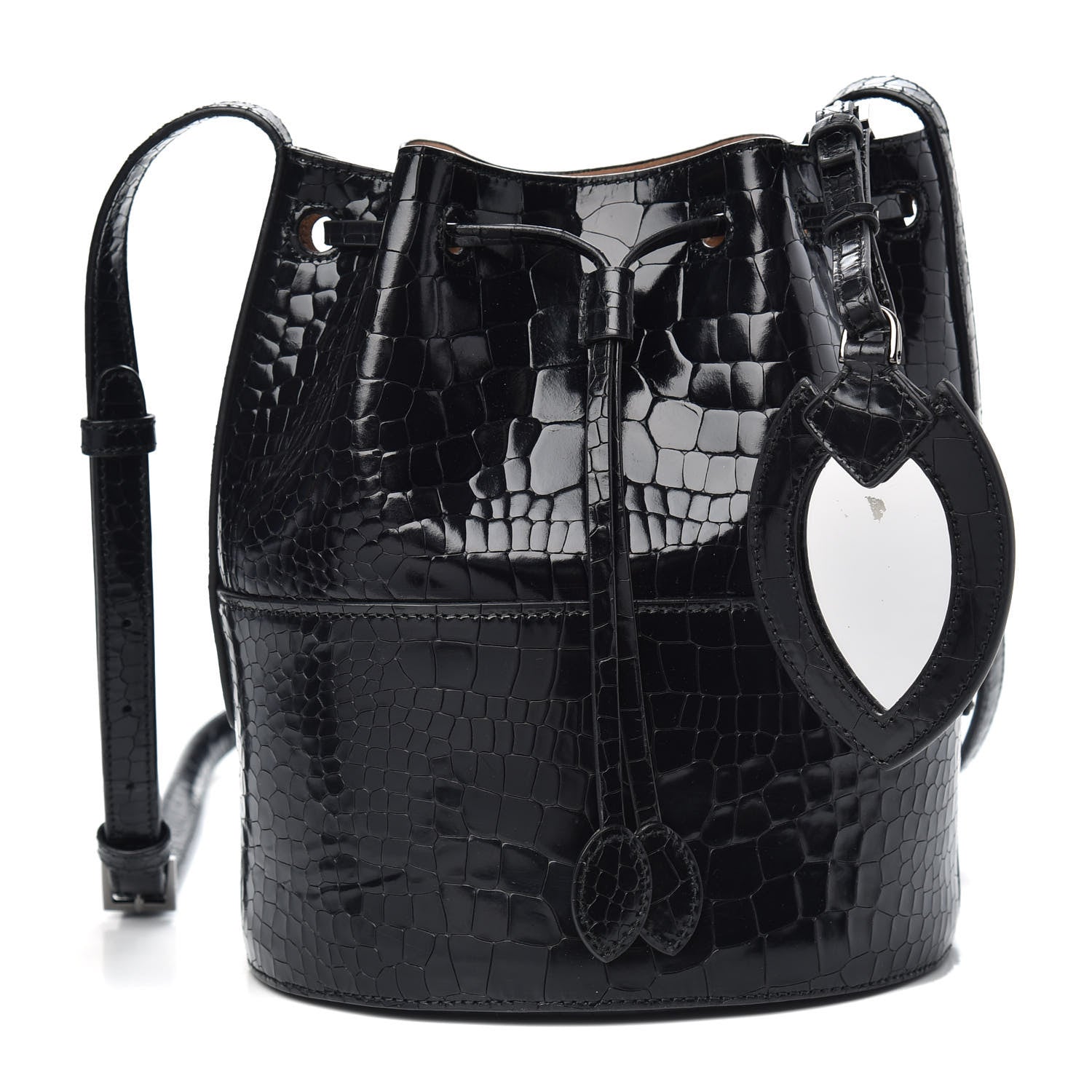 Alaia Calfskin Crocodile Embossed Drawstring Bucket Bag Black 1 of 8