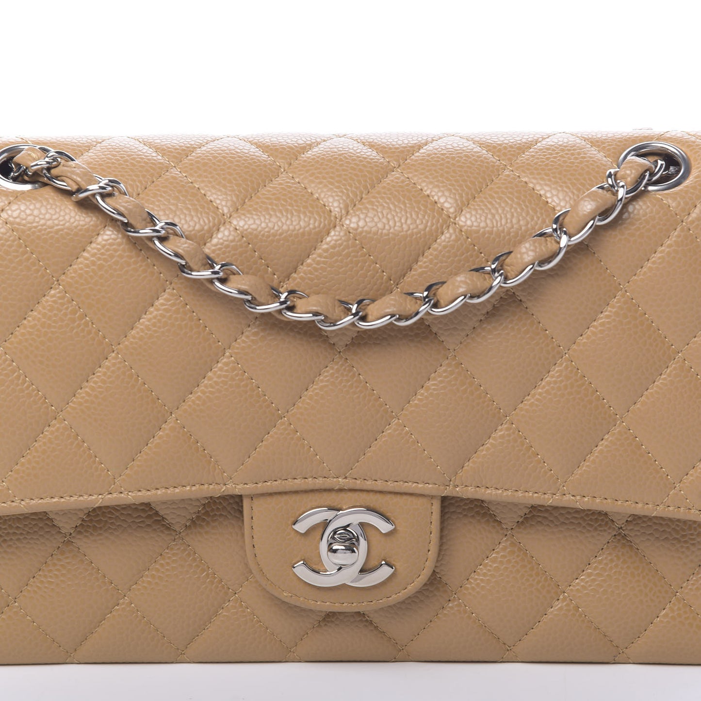 Caviar Quilted Medium Double Flap Beige