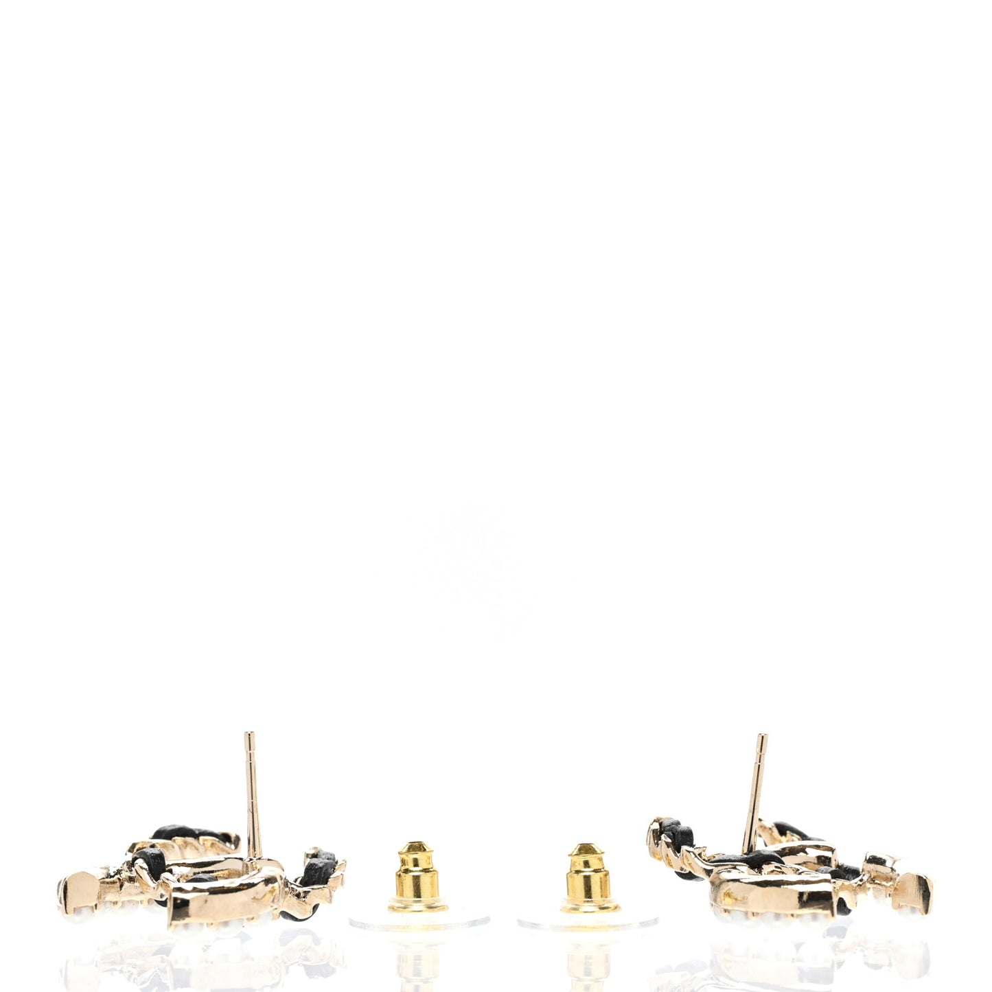 Pearl Lambskin Chain CC Stud Earrings Gold Black