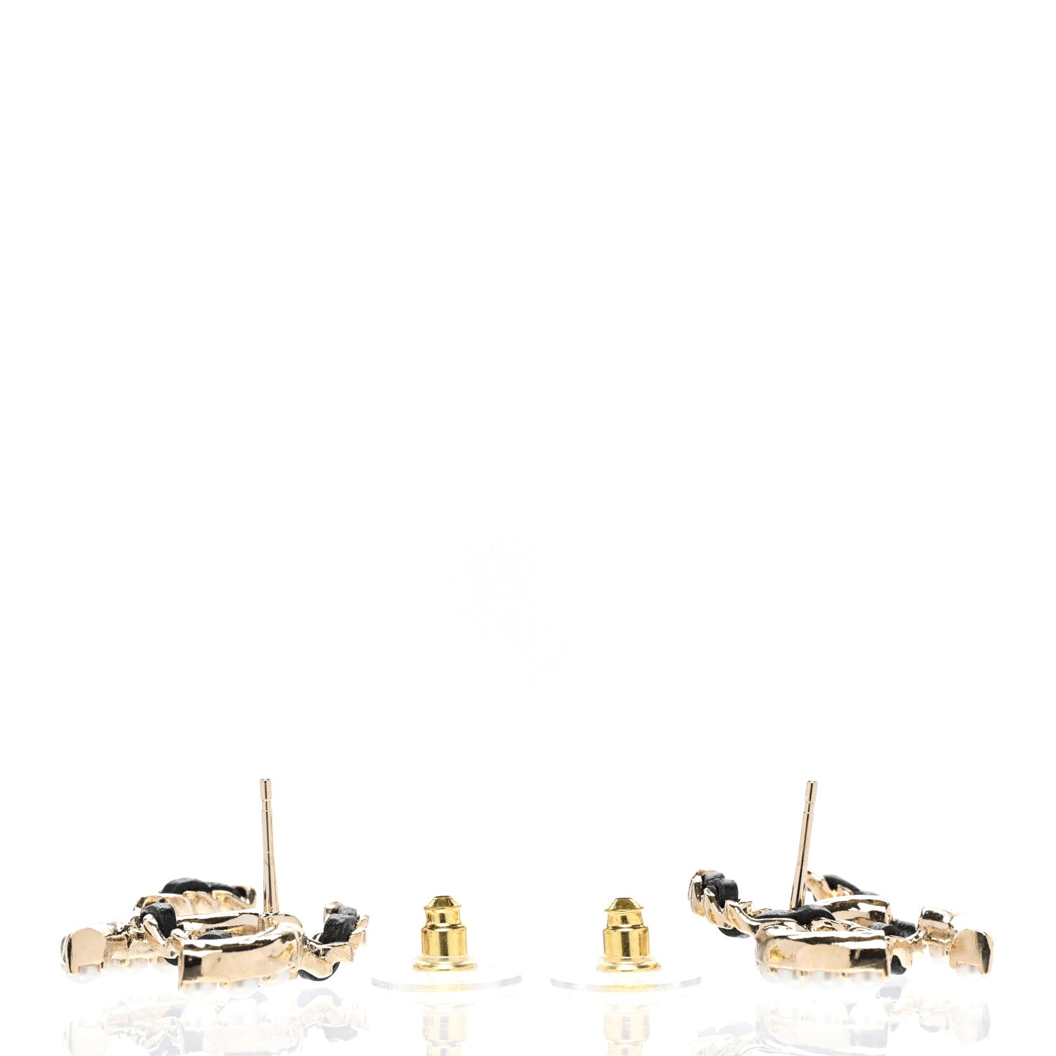 Chanel Pearl Lambskin Chain CC Stud Earrings Gold Black 3 of 5